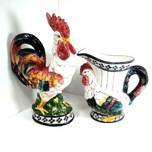 Large Vintage Ceramic Gloss Glazed Multi-Color Rooster And Hen.